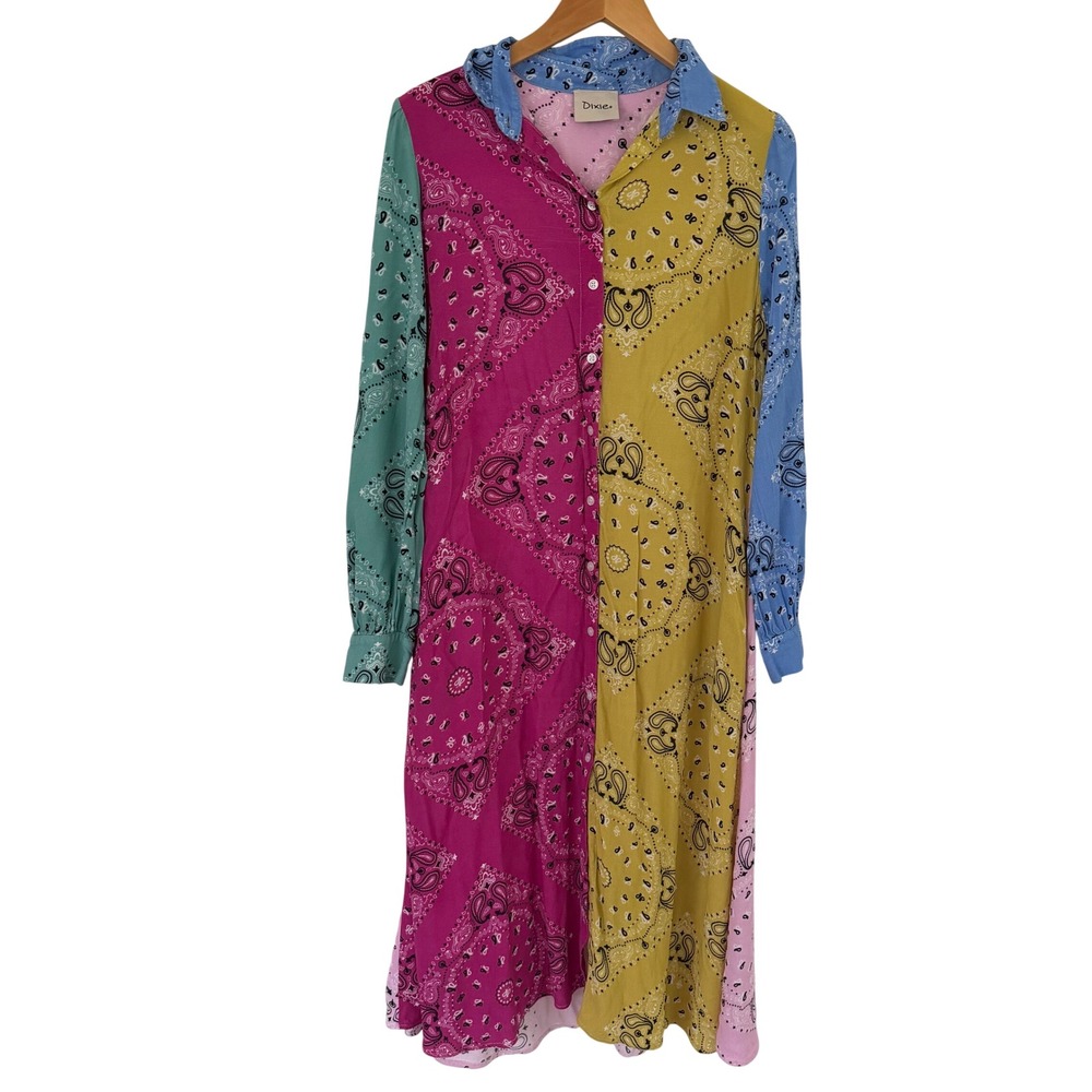 Dixie Italy Womens Multicolor Bandana Paisley Colorblock Midi Shirt Dress LS